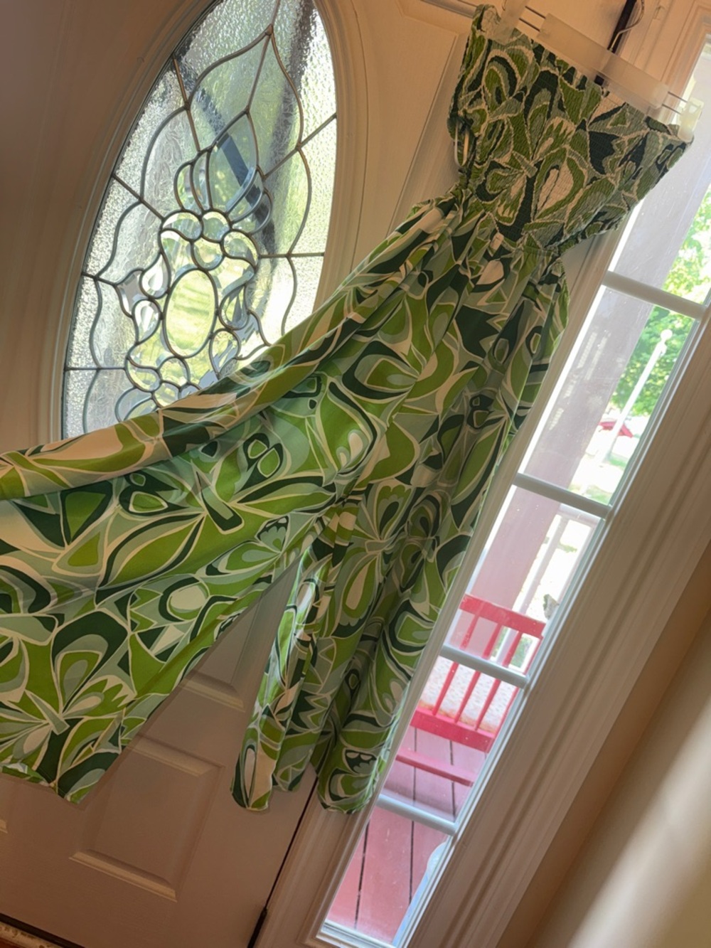 Aakaa Green Leaf-Print Smocked Maxi Dress